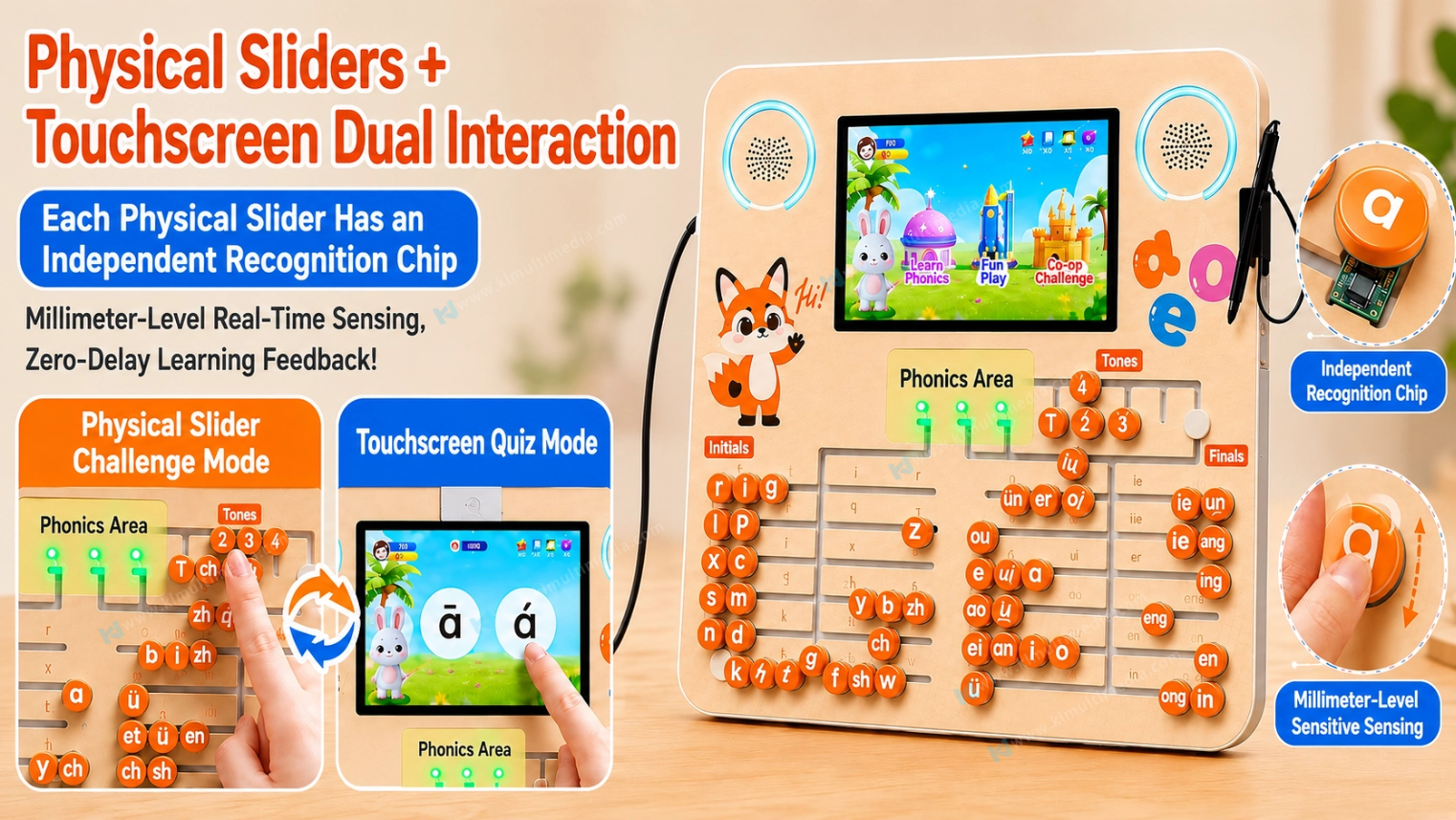 Physical Slider Touchscreen Dual Interaction شريط التمرير المادي والتفاعل المزدوج مع شاشة اللمس للتعليم العملي على جدار التعلم في مرحلة ما قبل المدرسة